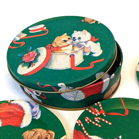 Vintage Christmas Holiday Cats & Dogs Coaster Set of 6 With Storage Tin - Metal - Picture 6 of 8